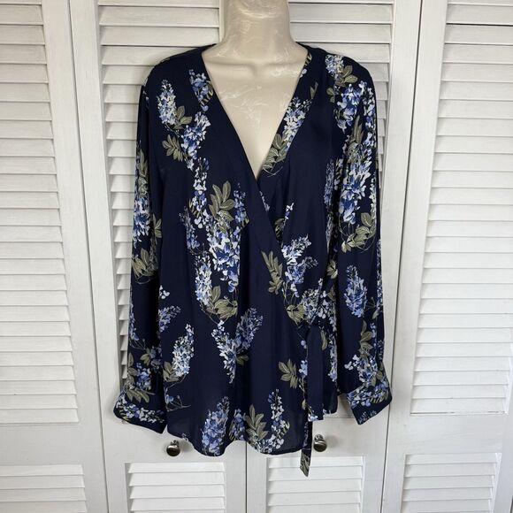 NWT Vince Camuto Navy Blue Floral Weeping Willows Wrap Surplice Blouse XXL - Picture 1 of 10